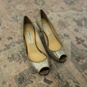 Jimmy Choo Peep Toe Silver Slate Glitter Leather Low Heels 36